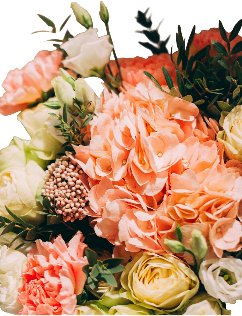 Beautiful peach and white flower bouquet with hydrangeas and roses